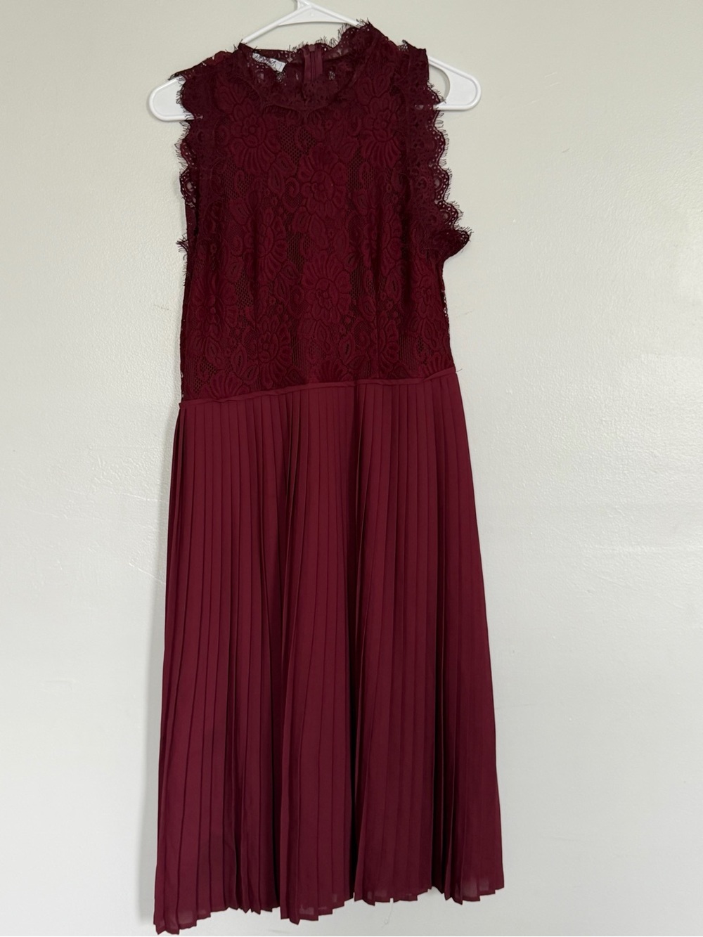 Libby Edelman Burgundy Lace Bodice Pleated Midi Dress